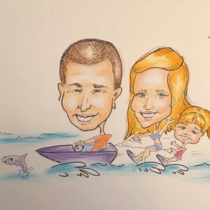 Colored Caricature of Family in Speed Boat